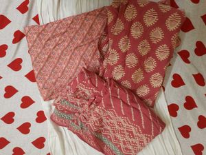 Pink Print Kurti Pant Dupatta Set With Freebies