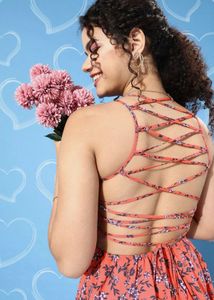 Berrylush Floral Print Lace Up Back Dress