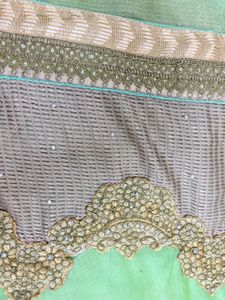 Lime Green Net Saree With Golden Trim