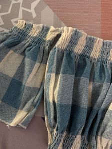 Off-Shoulder Blue Checkered Top