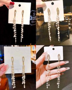 Korean White Dangling Pearl Tassel Crystal Earring