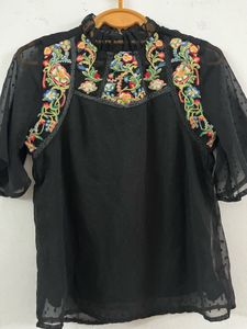 Black Floral Embroidered Sheer Top