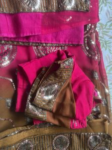 Pink &amp; Brown Sequin Saree with Blouse