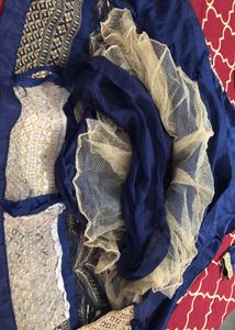 Elegant Navy Blue &amp; Gold Gown With Dupatta