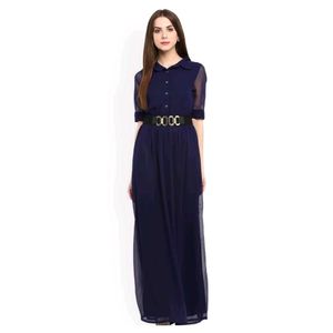 Girls Navy Blue Solid Maxi Dress