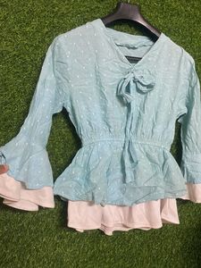 Cute Blue Tie-Neck Top