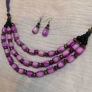 Handcrafted Purple Beaded Necklace & Earring Set