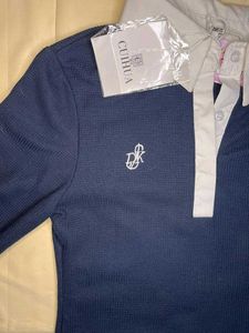 Elegant Navy Blue Cold-Shoulder Polo Shirt