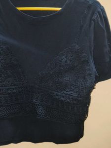 Navy Lace Detail Crop Top
