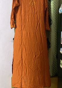 Rust Orange Rayon Mukaish Chikankari Kurta