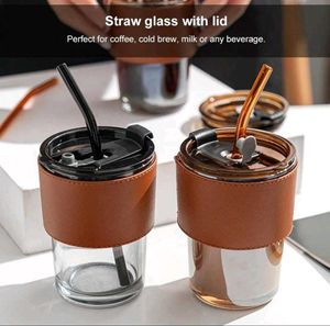 Stylish 400ml Glass Mug with Straw - Black Sleeve