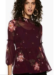 Casual BalloonSleeve Floral Print Women Maroon Top