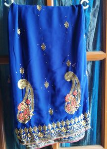 Royal Blue Georgette Saree With Thread Embroidery