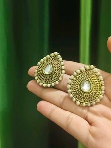 Copper Earrings With Stone In Between , White Beed