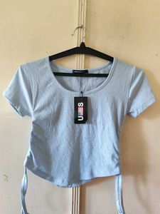 Sky Blue Ribbed Tie-Side Crop Top