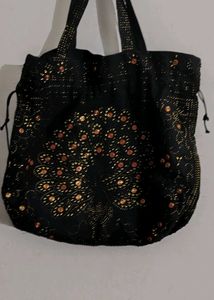 Royal Black Beaded Tote Bag