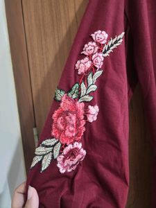 Burgundy Dress With Floral Sleeves