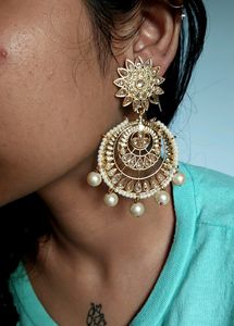 White Gold Pearl Kundan Chandbali Earrings