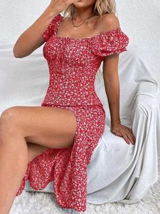 Summer New Floral Side Slit Puff Sleeve Dress