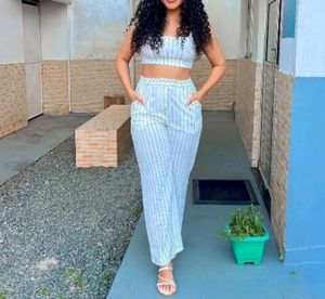 (Co-ord)Pinstripe Padded Top &amp; Flare Pant