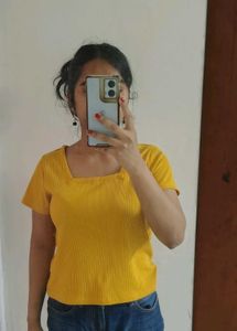 Yellow Ribbed Square Neck Top