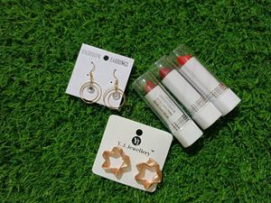 Combo Of Earins And 3 Lipst