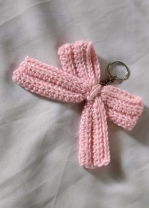 A Crocheted Pink Bow Keychain