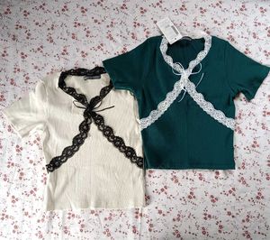 Ribbed Tee with Lace &amp; Bow Detail