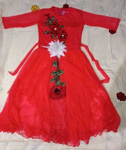 Ethnic Net Stitched Gown (Red)