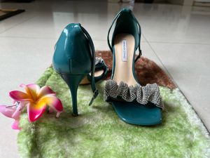 Teal Heels with Rhinestone Bow