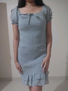 Light Grey Smocked Puff Sleeve Mini Dress with Ruf