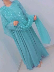 Sea Green Gown Of Crush Fabric With Dupatta