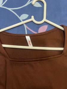 Brown Ribbed Square Neck Top
