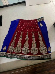 Royal Blue &amp; Red Saree Lehenga-Embroidered Blouse