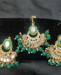 Green Beaded Chandbali Earrings And Mangtika