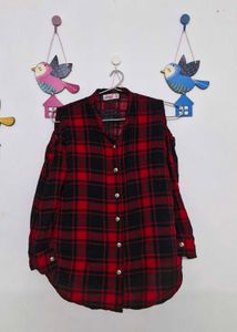 Red Plaid Cold Shoulder Top