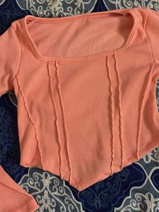 Coral Ribbed Long Sleeve Top