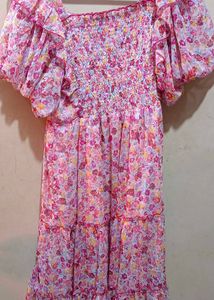 Light Pink Multicolored Dress With Ruffle Sleeve