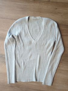 Grey Ribbed V Neck Sweater
