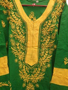 Beautiful green yellow  cotton kurti wth pakistani embroidery