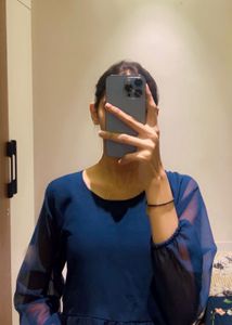 Navy Blue Chiffon Midi Dress Korean Style