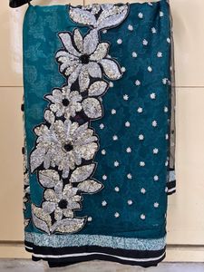 Designer Turquoise Green Saree With Black Net