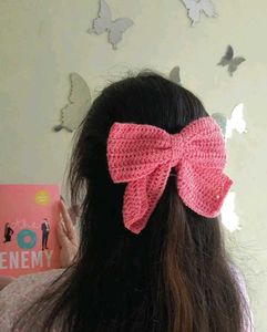 Pink Crochet Bow Hair Clip