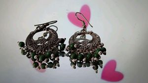Elegant Oxidized Hoop Earrings with Green Beads