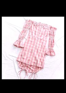 Pink Checkered Off-Shoulder Dress