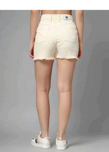 Cream Denim Frayed Shorts