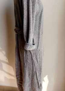 Long Gray Knit Cardigan with a belt