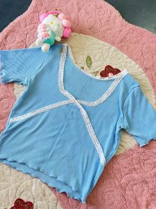 Cute Blue Lace Trim Top