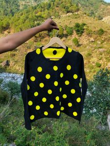 Polka Dotted Black And Yello Ribbed Top