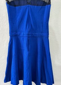 Elegant Blue Fit &amp; Flare Dress with Sheer Mesh